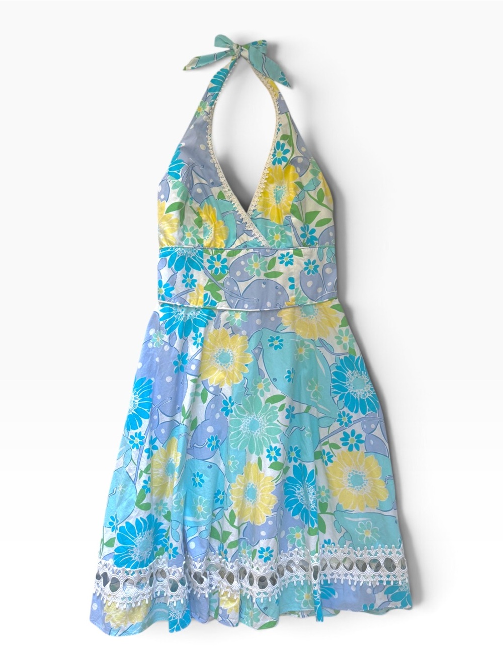 Vintage Lilly Pulitzer Floral Halter Mini Dress Blue Yellow Size 6